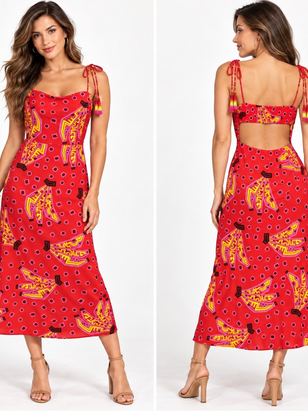 House of Harlow Tiki Bananas Cut Out Back Tassel tie Strap Midi Dress Medium